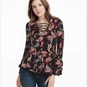 White House Black Market Paisley Lace-Up Blouse - Black, Cream, Red